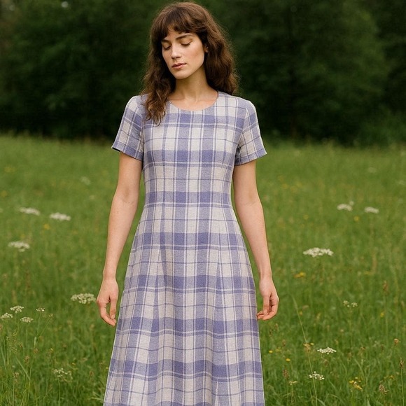 Positive Attitude Dresses & Skirts - Vintage 90s Periwinkle White Plaid Linen Blend Dress 12 VTG Midi Cottagecore
